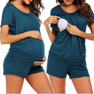 Ekouaer Teal Maternity Nursing Pajama Set